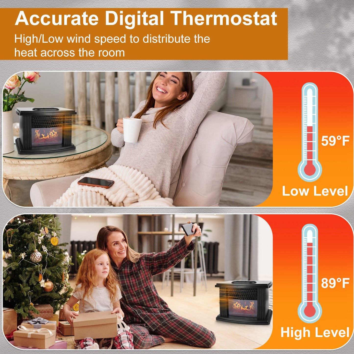 Electric Fireplace Heater 800W Artificial Flame Stove Heater with Accurate Digital Thermostat Timer Setting Remote Control Overheating Protection For