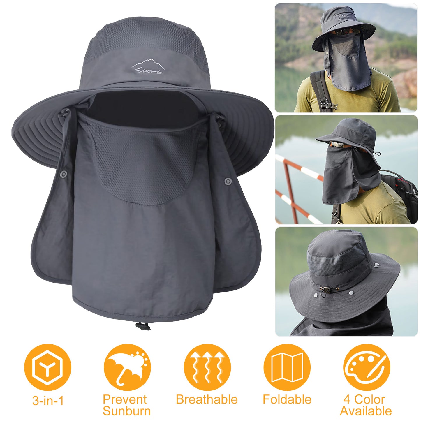 Fishing Bucket Hat Wide Brim Breathable Unisex Hat Sunlight-proof Removable Neck Face Fishing Cap For Fishing Hiking Traveling