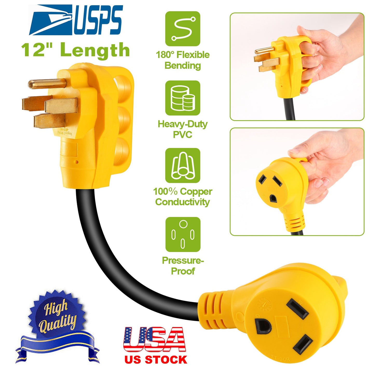iMounTEK RV Electrical Dogbone Converter 50 AMP Male To 30 AMP Female Adapter Cable 12inch w/ Handle