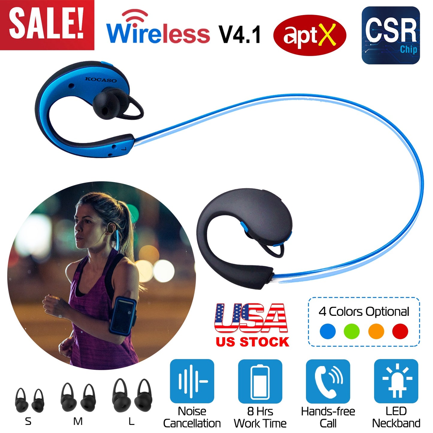 Wireless Sports Headsets Wireless V4.1 Neckband Earphones HD Stereo Sweat-proof Headphones Earbuds w/ LED Light Mic 8Hrs Work Running
