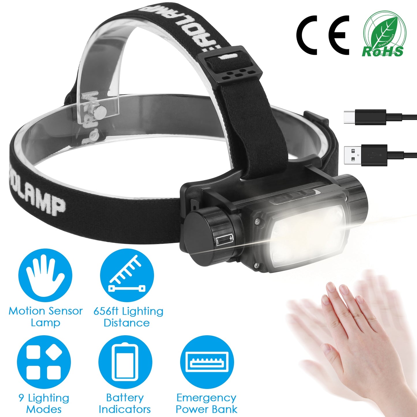Rechargeable Motion Sensor Headlamp 9 Light Modes Hand Wave Headlight Phone Charging Torch Flashlight for Fishing Running Camping Hiking