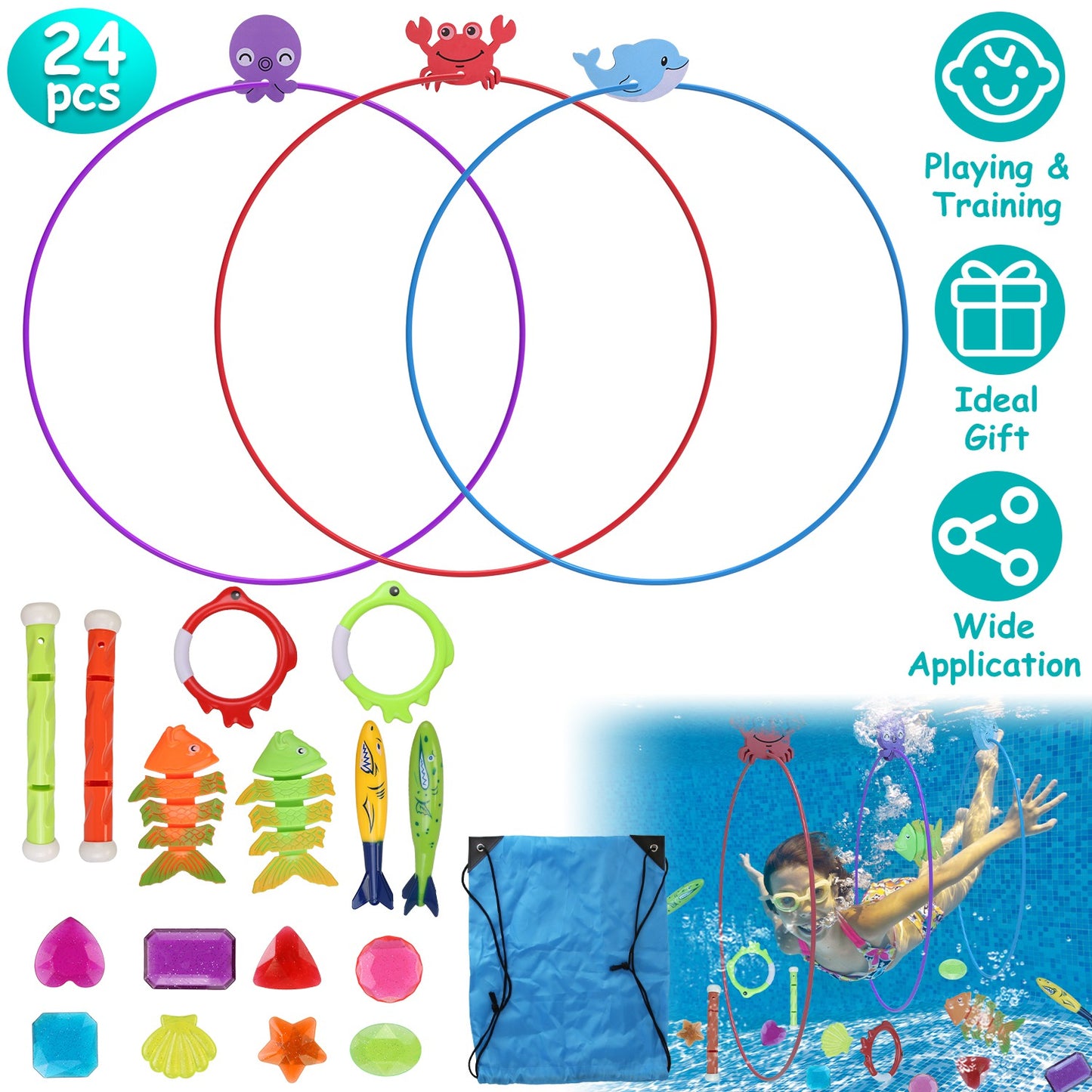 24Pcs Diving Toys Swimming Pool Toys Swim Toys for Kids Aged 3+ Years Old Swim Thru Rings Torpedoes Gems Volleyball Storage Bag