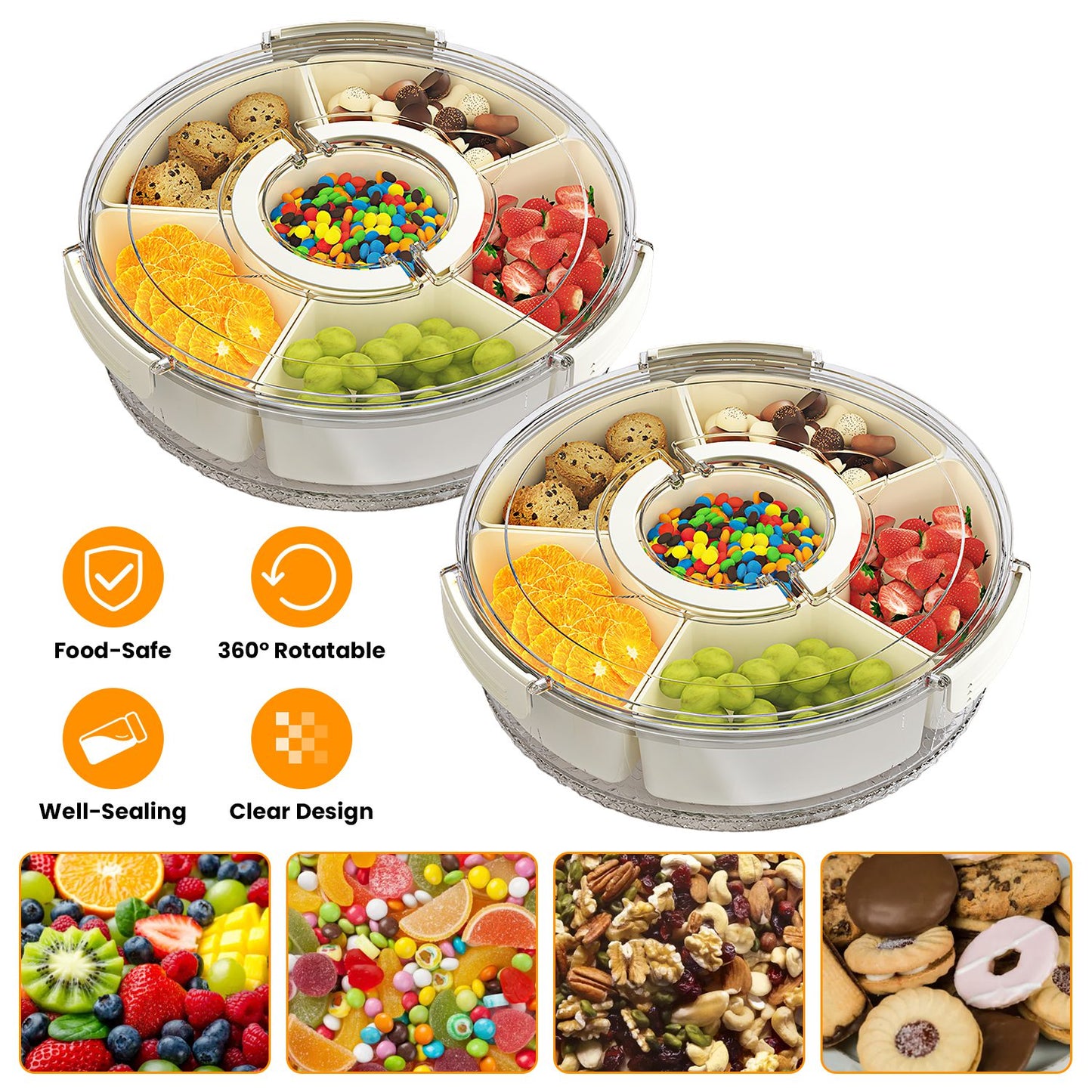 2Pcs Divided Serving Tray with Lid and Handle 360¡ Rotatable Snack Box Container with 6 Dividers Clear Portable Snack Platters for Fruit Candy Nut Sna