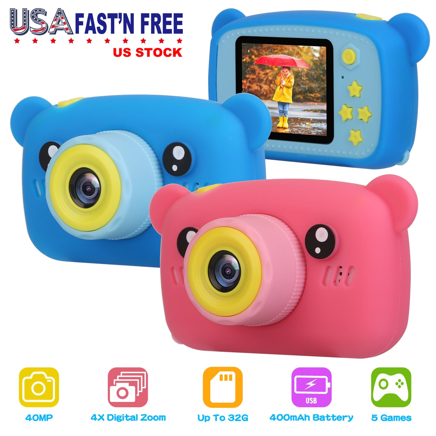 Kids Digital Camera Child Video Camera Children Camcorder Christmas Toy Birthday Gifts with 2.0in Screen 4X Digital Zoom 5 Games 32G MMC Card for 3-10
