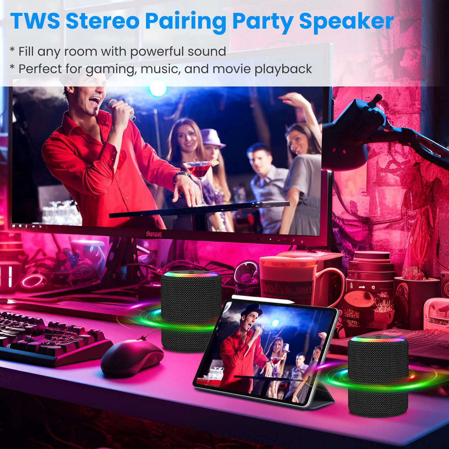 Portable Wireless Speaker Outdoor Party Speaker Mini Waterproof Speaker with 7 RGB Lights Support Calling TWS AUX In MMC Card Input
