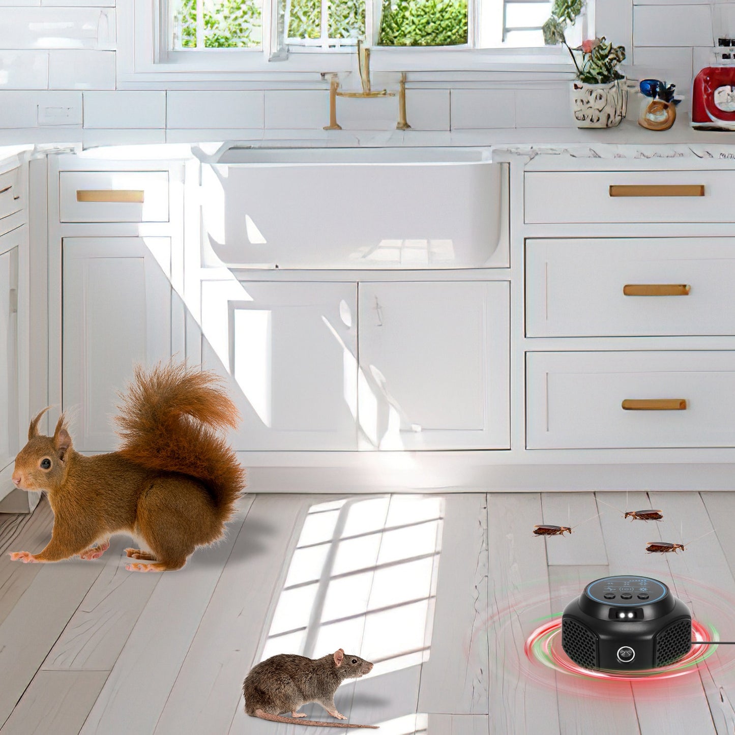 360¡ Ultrasonic Mice Repellent Indoor Rodent Repeller Rat Squirrel Rodent Chaser with 3 Modes 2 Strobe Lights for Kitchen Warehouse