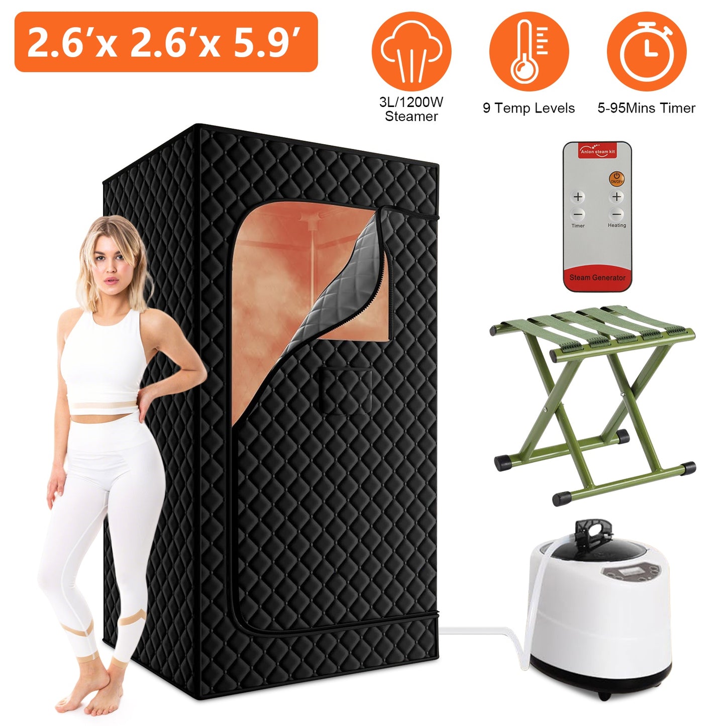 2.6x 2.6x 5.9FTPortable Sauna Tent 1 Person Steam Sauna for Home with 3L/1200W Steamer Folding Chair Remote Control 9 Steam Output Levels 5-95Mins Tim