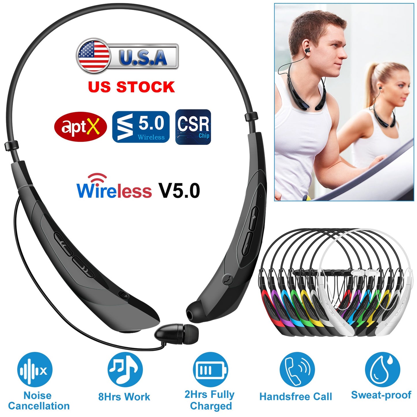 Wireless Neckband Headphones V5.0 Sweat-proof Sport Headsets Earbuds In-Ear Magnetic Neckbands Stereo Earphone Deep Bass Earphone w/Mic
