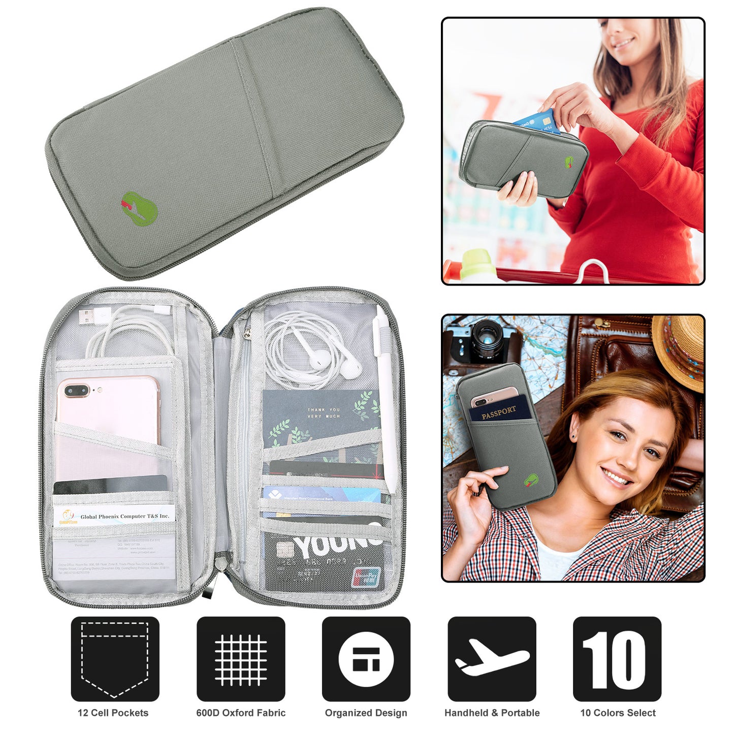 Travel Passport Wallet 12Cells Ticket ID Credit Card Holder Water Repellent Documents Phone Organizer Zipper Case Business Trip Daily Use