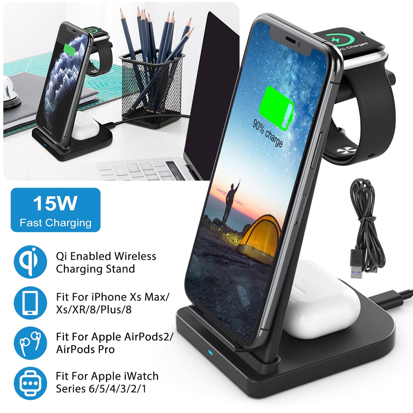 3-in-1 Wireless Qi Enabled Charger Dock 15W Fast Charging Station For iPhone Apple iWatch Series 6/5/4/3/2/1 AirPods 2 AirPods Pro Fit For iPhone Xs M