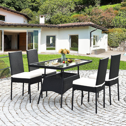 5-Piece Rattan Patio Dining Set with Glass Top & Cushions