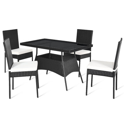 5-Piece Rattan Patio Dining Set with Glass Top & Cushions