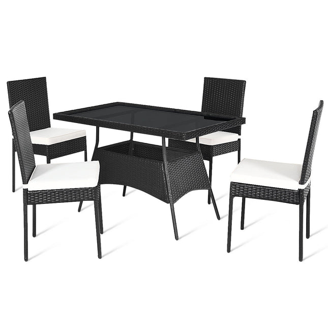5-Piece Rattan Patio Dining Set with Glass Top & Cushions