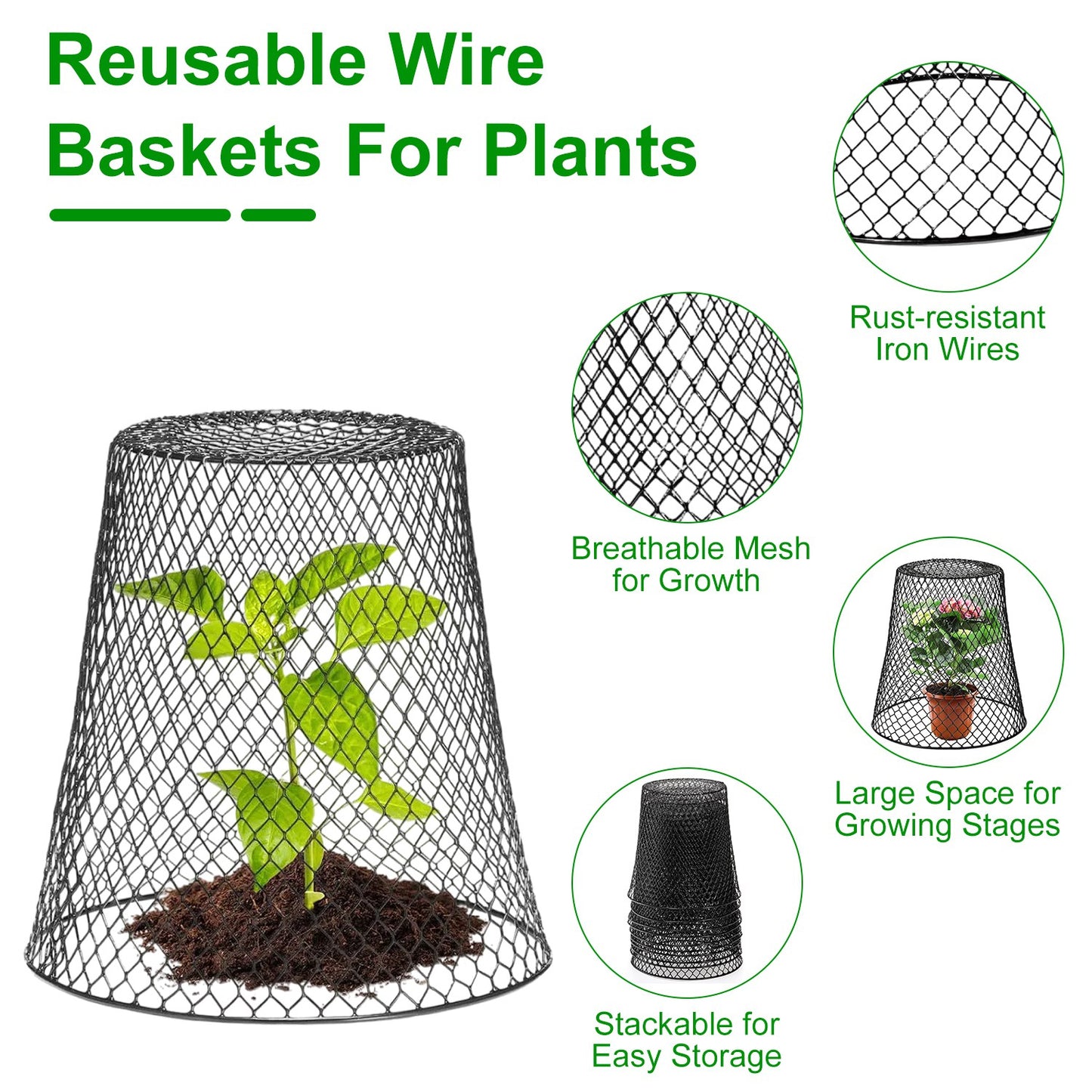 10Pack 9.25x9.25in Chicken Wire Cloches Plant Covers Metal Garden Cages Heavy Duty Plant Protectors with 30 Stakes 20 Labels Keep Bunnies Chicken Squi