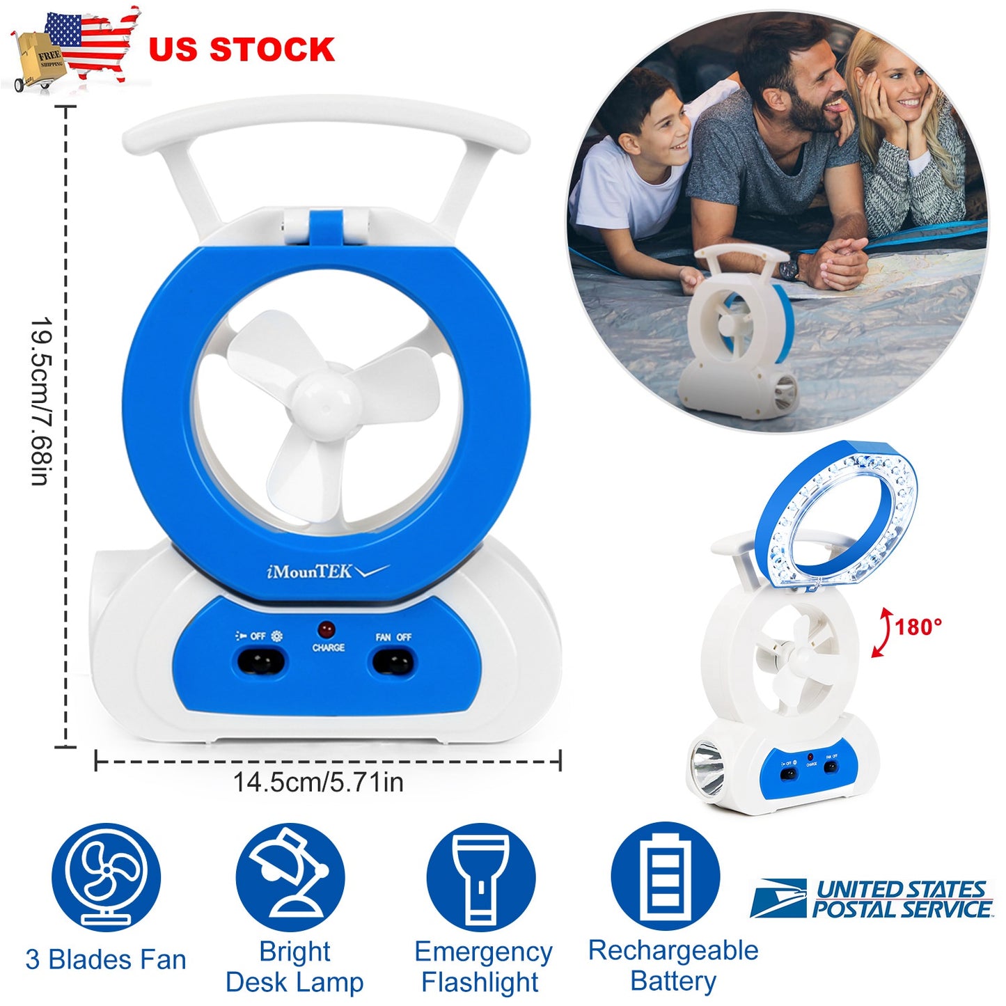 Desk Cooling Fan w/180¡Adjustable LED Lamp Baby Stroller Fan Emergency Flashlight Torch for Household Camping Traveling