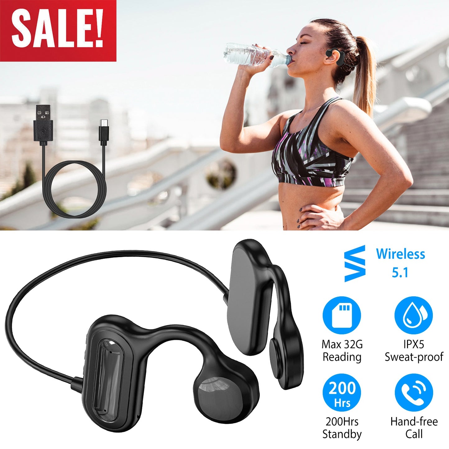 V5.1 Wireless Bone Conduction Headphone Open Ear Sports Wireless Headset w/ Mic IPX5 Sweatproof MMC Card Support