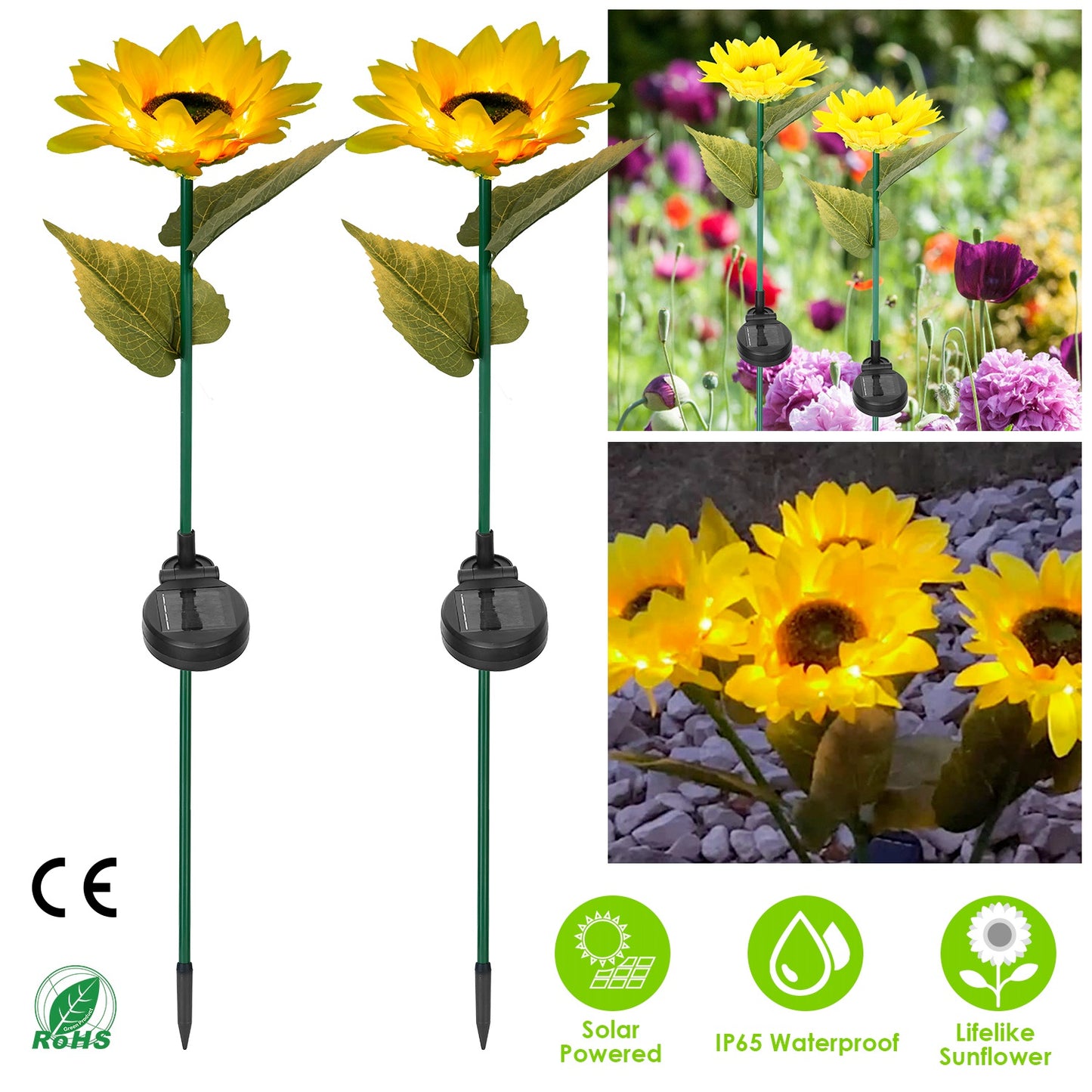 2Pcs Solar Powered Sunflower Lights 10 LED Decorative Stake Lamp IP65 Waterproof Pathway Landscape Lights For Garden Patio Yard Walkway