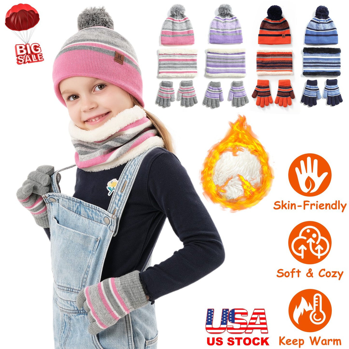 Winter Kids Knitted Hat Scarf Gloves 3Pcs Boys Girls Winter Warm Beanie Hat and Glove Scarf Set Beanie Neck Warmer Mittens for 4-7-Year-Old Kids