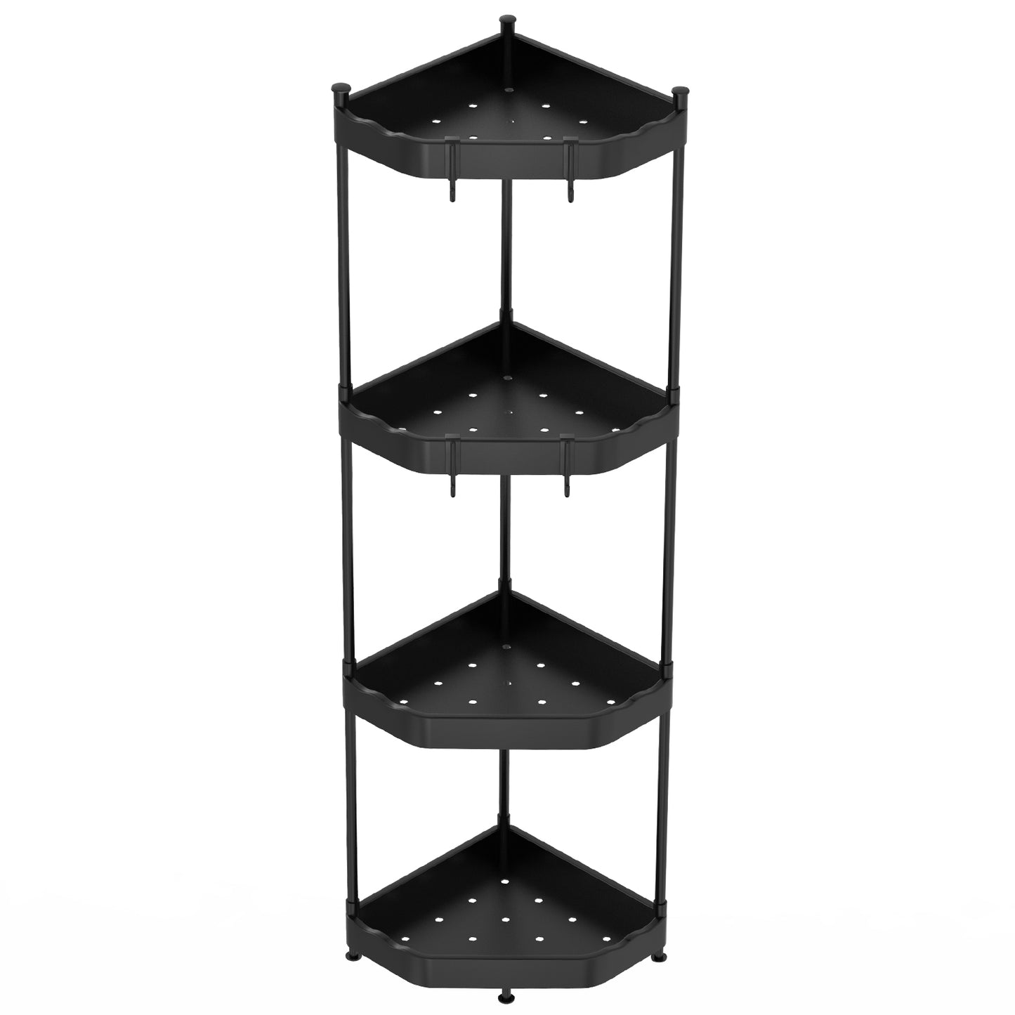 4 Tier Corner Shower Caddy Floor Standing Corner Shelf Carbon Steel Bathroom Storage Rack Organizer Stand with 4 Hooks for Bathroom Bathtub