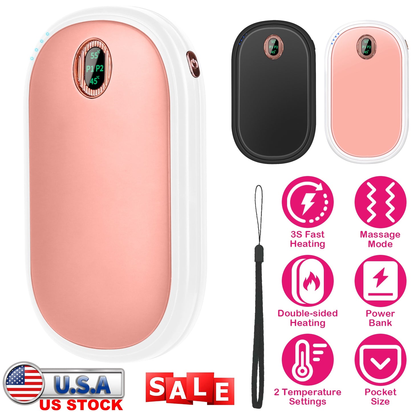 Rechargeable Hand Warmer Electric Hand Heater Portable Reusable Pocket Warmer Power Bank with Digital Display 2 Levels Double-sided Heating