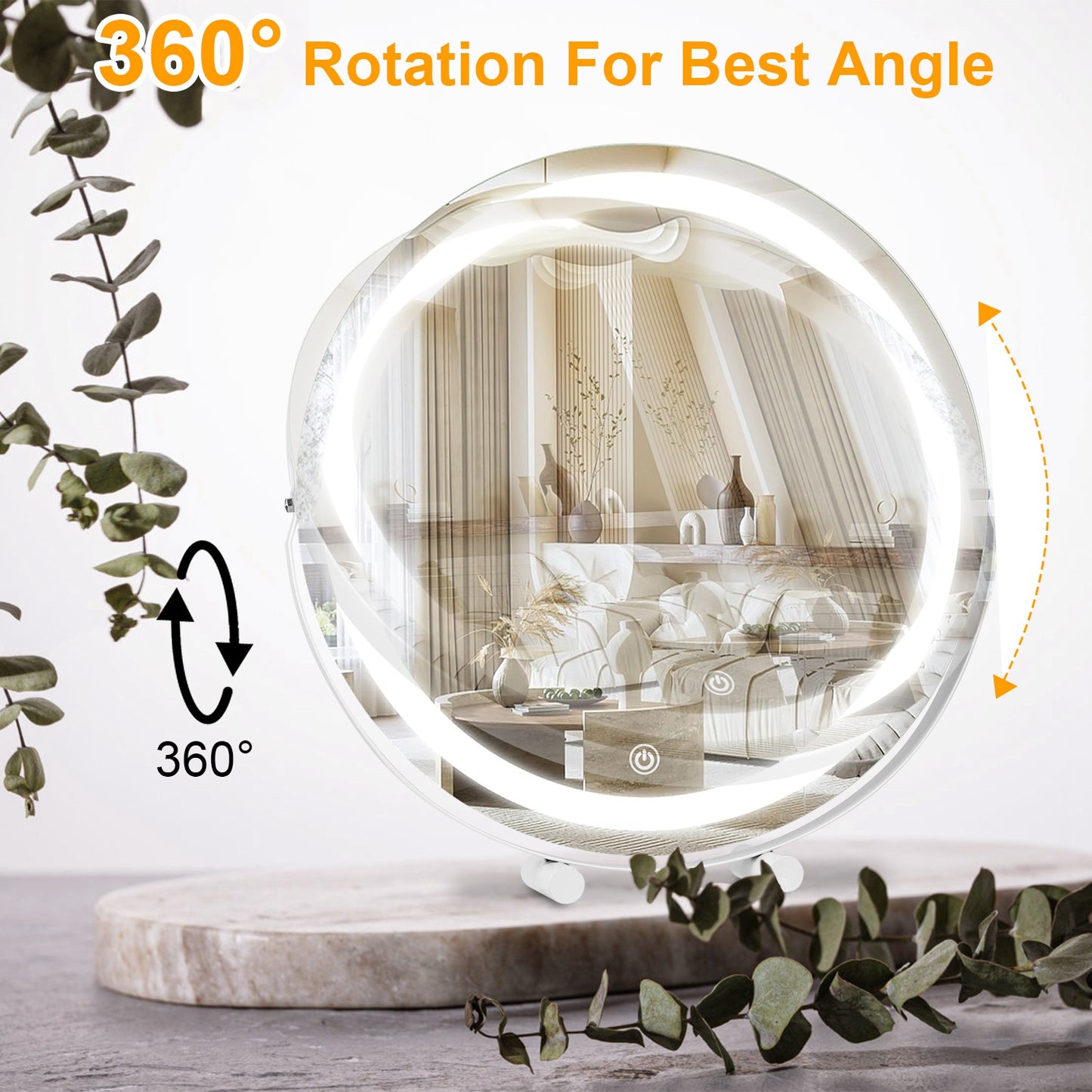 19Inch Large Round Vanity Makeup Mirror With LED Halo Light 3 Lighting Colors Dimmable Brightness Touch Control 360¡ Rotation High-Definition Lighted