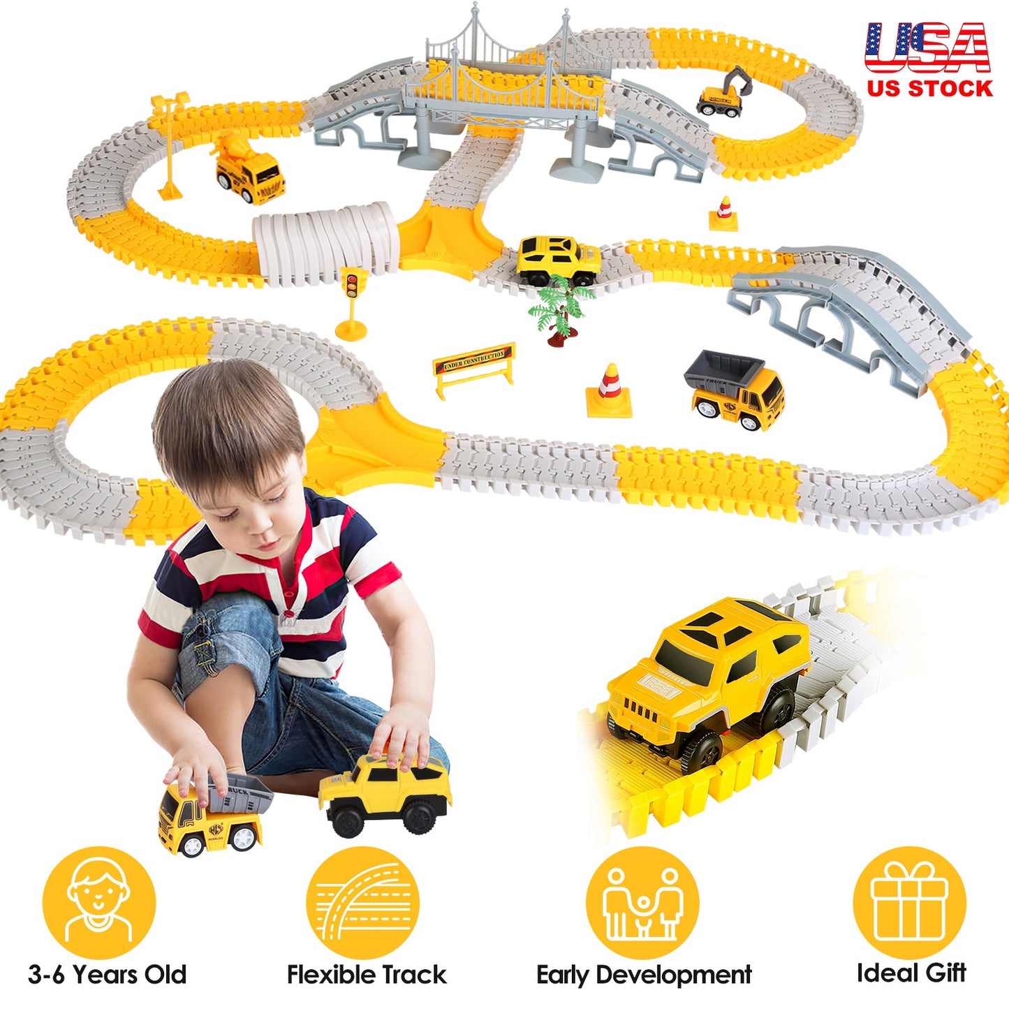 340Pcs Construction Race Track Set Kids DIY Construction Toys STEM Flexible Car Track Playset Gift for Toddlers Boys Aged 3 4 5 6 Year Old