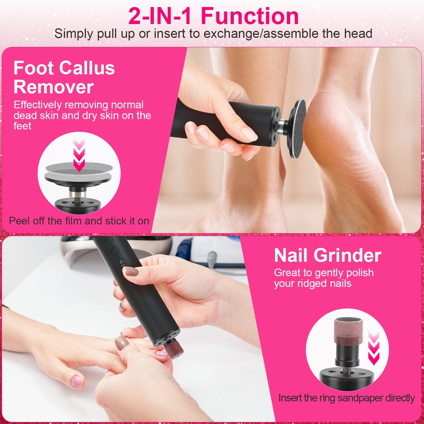 Electric Foot Callus Remover 2 in 1 Rechargeable Foot File Nail Grinder Dead Skin Pedicure Tool Machine with 2 Grinding Heads Total 30Pcs Replaceable