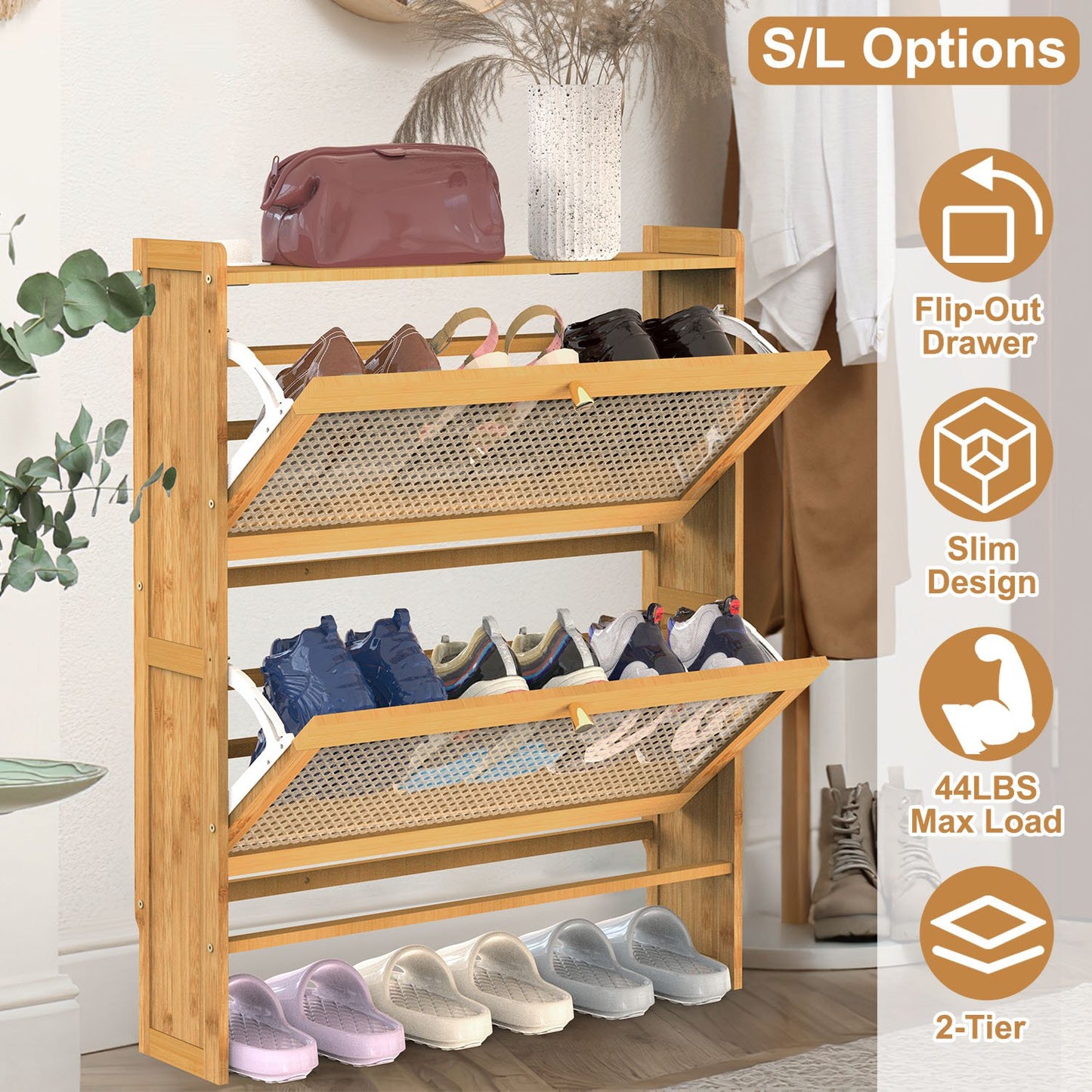 2-Tier Shoe CabinetÊwith 2 Flip Drawers Slim Bamboo Shoe Rack Freestanding Narrow Shoe Organizer with 44lbs Max Load for Entryway Hallway
