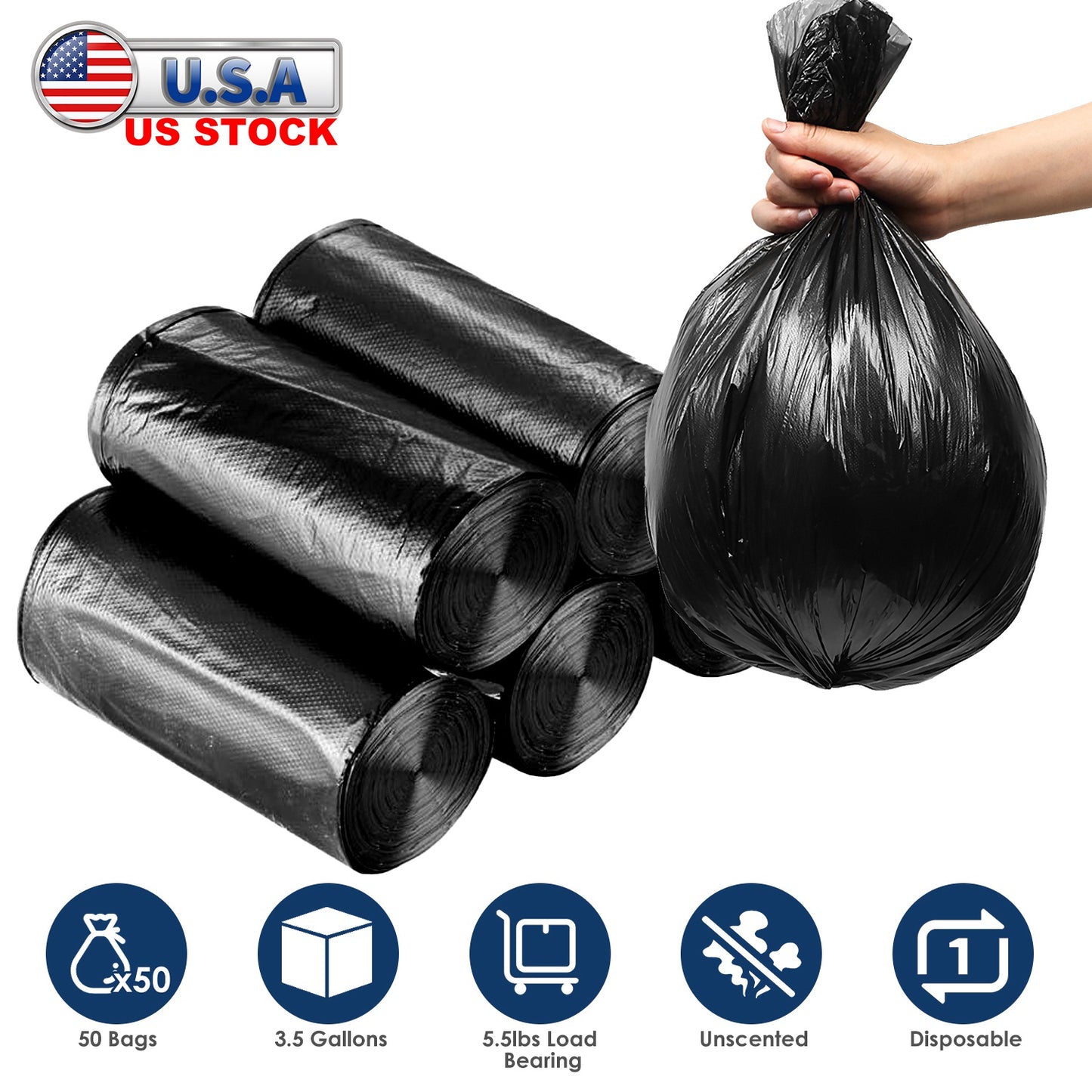 5 Rolls Overall 50 Count Black Garbage Bags Disposable Trash Bags Trash Can Liners Unscented Leak Resistant for Camping Toilet Home Office