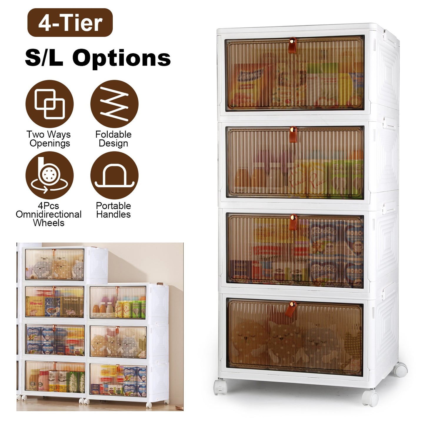 4-Tier Foldable Storage Bins with Lid Front Magnetic Door Collapsible Stackable Closet Organizer Containers with 4Pcs 360¡ Rotatable Wheels