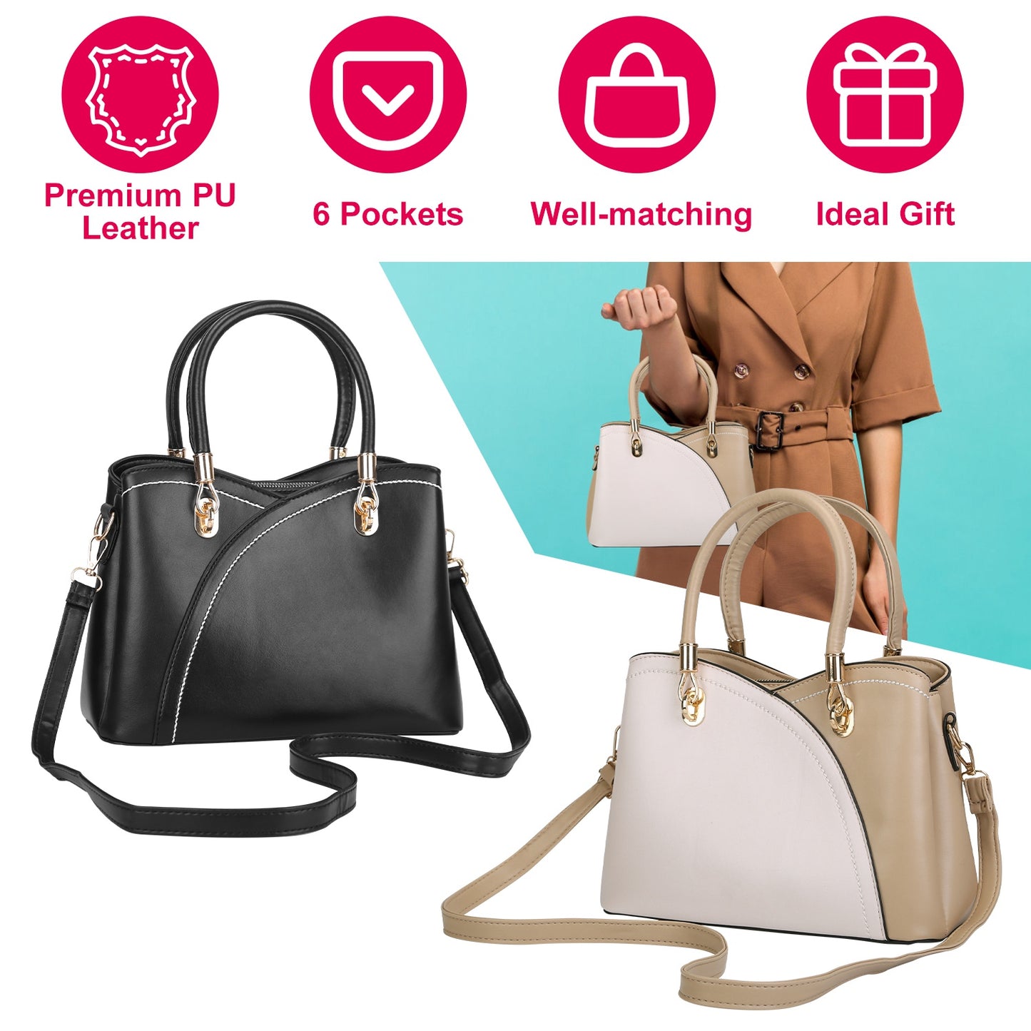 Women Handbags Chic Tote Bags for Ladies Medium-sized Leather Satchel Crossbody Bag with Stylish Stitching Detachable Strap