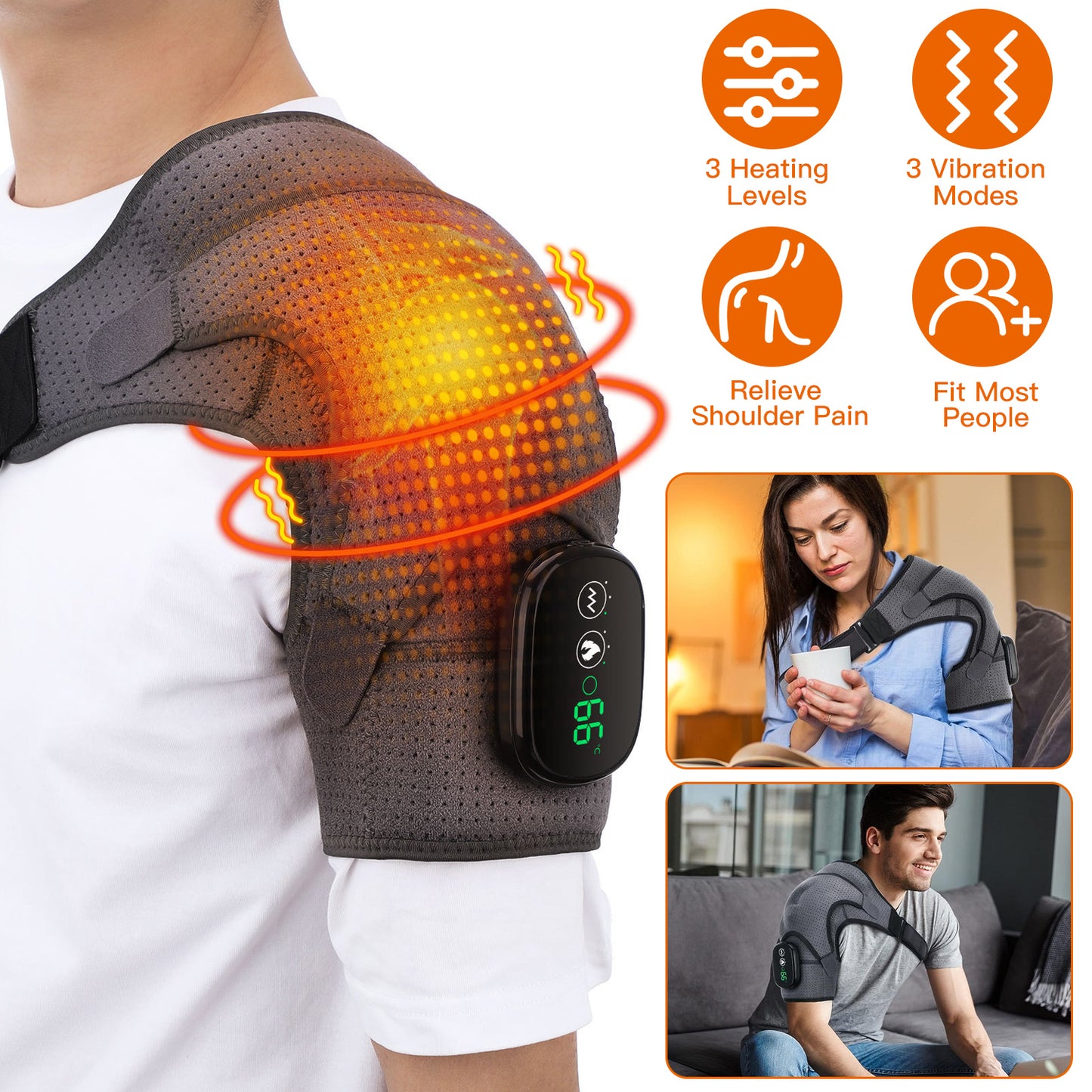 Cordless Shoulder Heating Pad Rechargeable Heated Shoulder Wrap MassagerÊShoulder Brace Supports with 3 Heating Levels 3 Vibration Modes for Left Righ