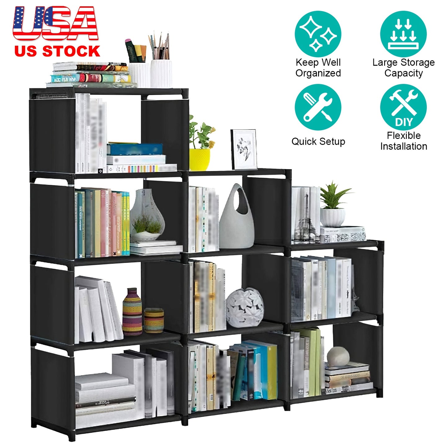 Cube Storage Organizer 9 Cubes Closet Shelves Cabinet Bookcase Non-Woven Fabric Cube Shelf for Living Room Bedroom Office