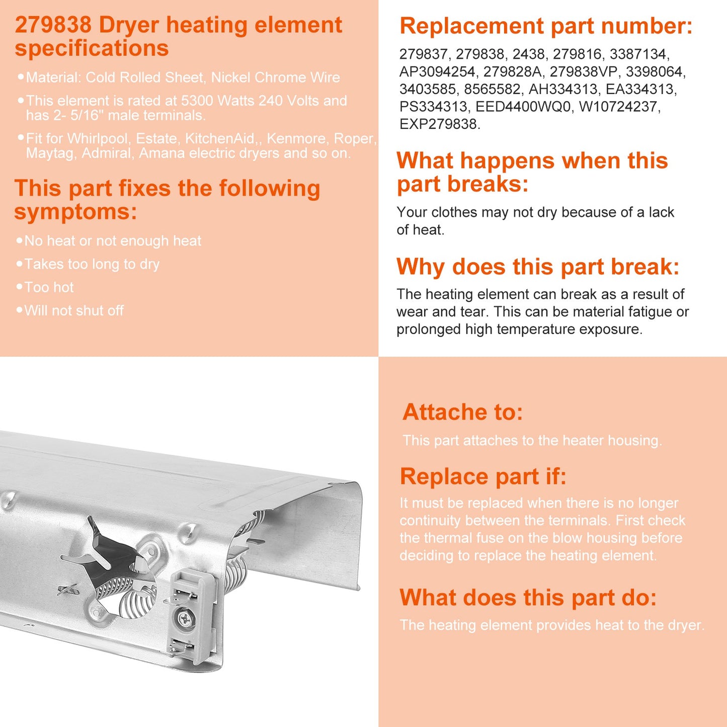 279838 Dryer Heating Element Assembly Replacement Part Thermal Fuse Replacement Fit For Whirlpool Kenmore Clothes Dryers Replace 3398064/3403585/85655