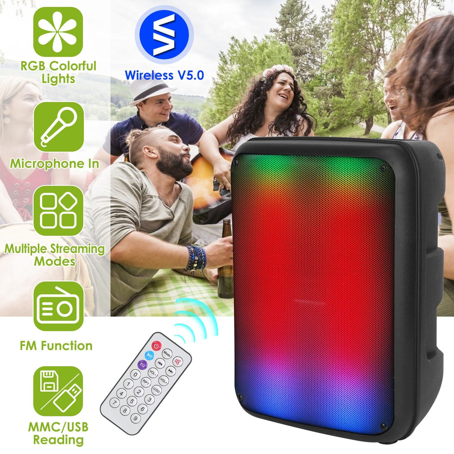 Portable Wireless Party Speaker 8in Colorful Lights DJ PA System with TWS Function FM Radio USB MMC Card Reading Aux In Recording Function Mic
