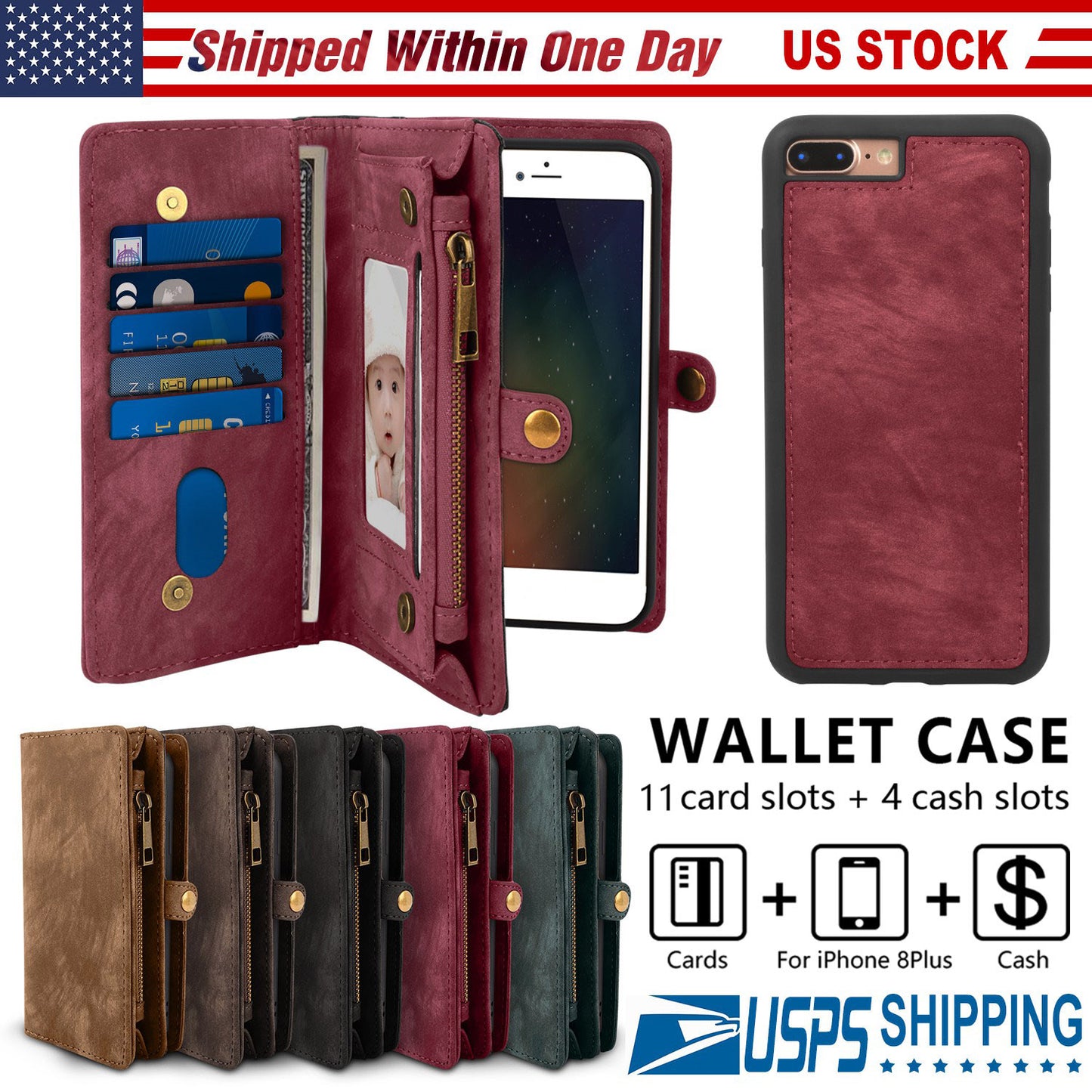 Phone Wallet Case For iPhone 8 Plus Portable Wallet Case 2 in 1 Leather Zipper Magnetic Detachable 15 Card Slots Money Pocket Clutch Cover W/ID Widows