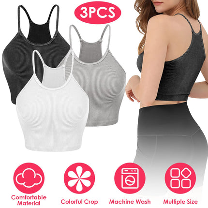 3 Pack Women Crop Basic Tank Top Ribbed Knit Sleeveless Round Neck 9 Color Machine Wash Summer Crop S to XL
