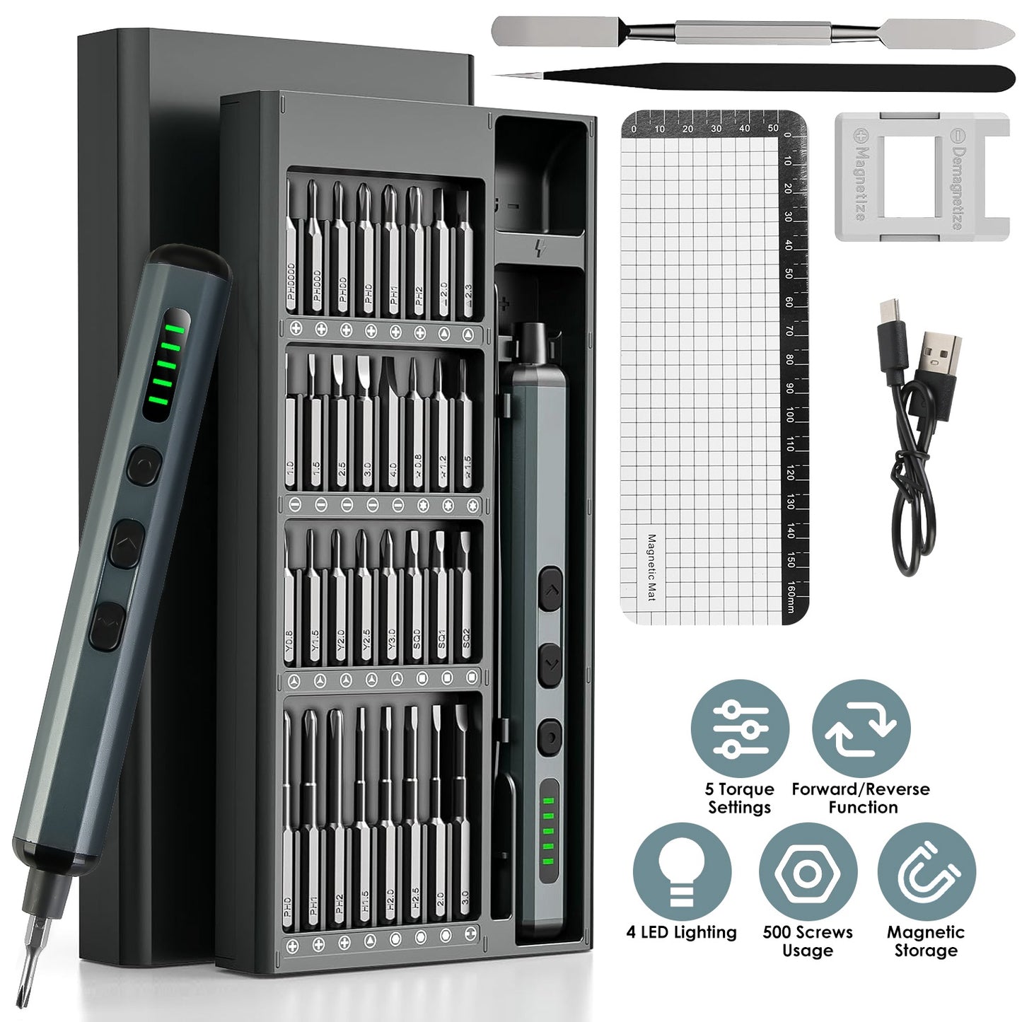 70 In 1 3.7V Mini Electric Screwdriver Kit Rechargeable Magnetic Repair Tool Kit with 5 Torque Settings 64 S2 Precision Bits 4 LED Lights for Phone Ca