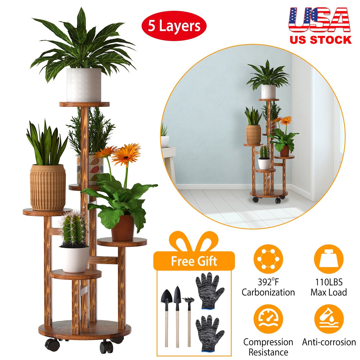 5 Tier Plant Stand with 4 Detachable Wheels Wooden Plant Pot Rolling Shelf Plant Display Rack for Indoor Outdoor Decoration