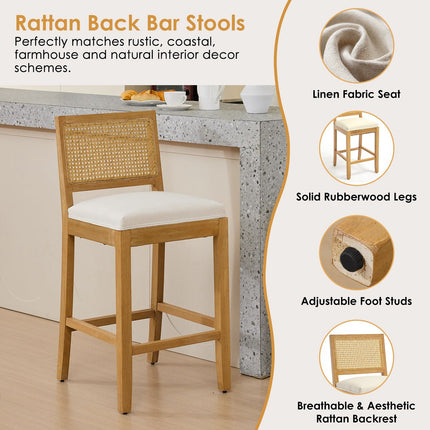 Solid Rubberwood Rattan Back Counter Stools Set of 2