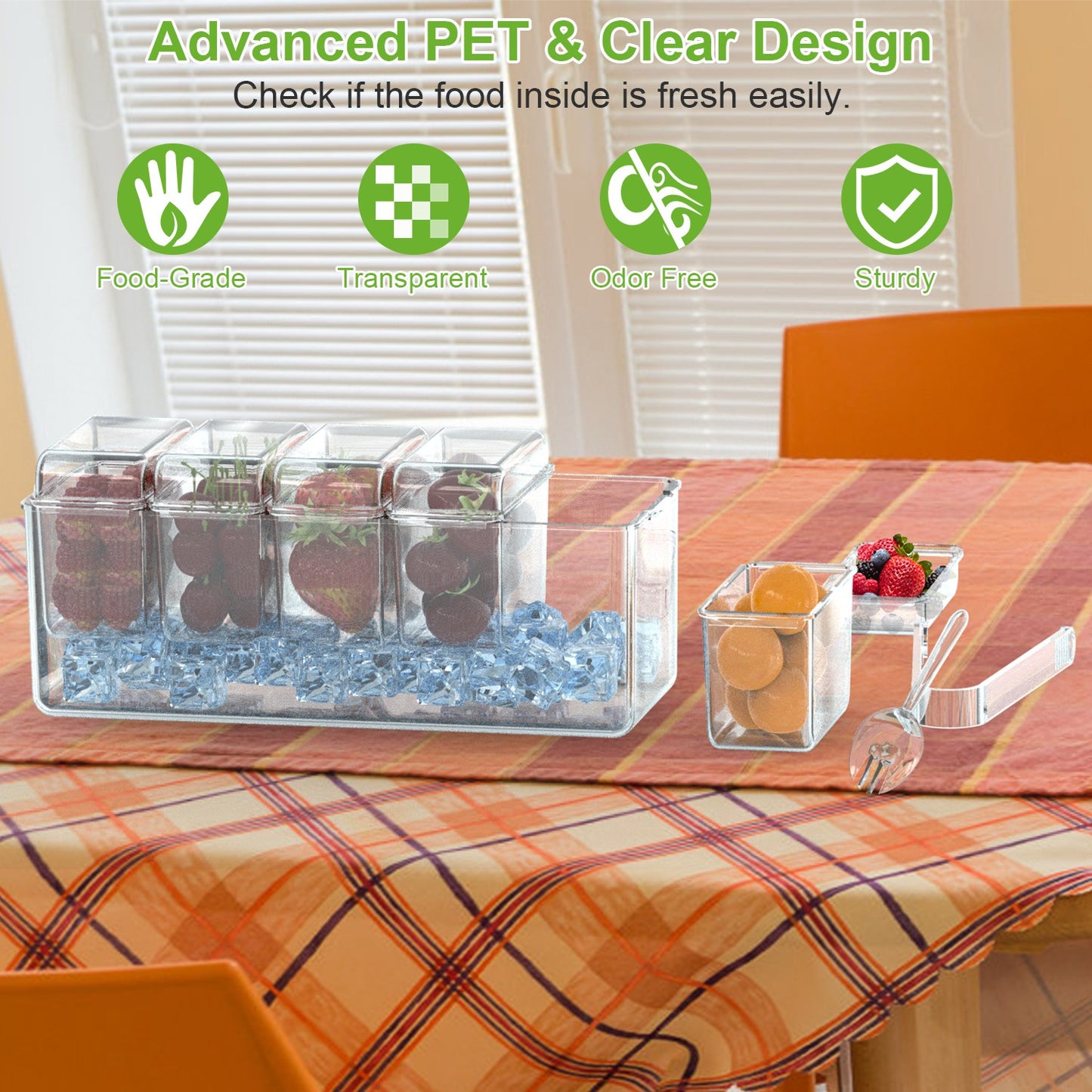 Ice Chilled Condiment Caddy Serving Tray Container Bar Garnish Holder Salad Platter Server Food Storage with 5 Removable Containers 5 Lids 2 Tongs 5 S