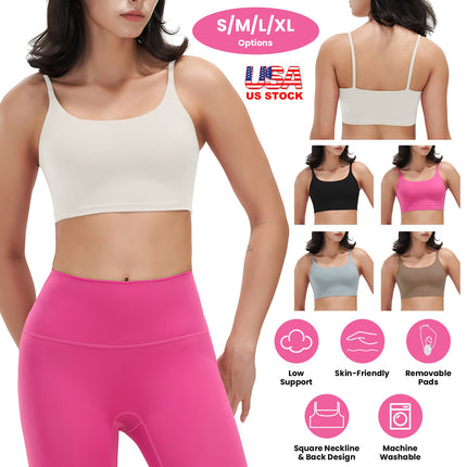 Women Strap Sport Bras Padded Strappy Crop Square Neck Low Impact Bras Sexy Fitness Tank Tops with Removable Pads Flat Straps for Gym Yoga Workout Run