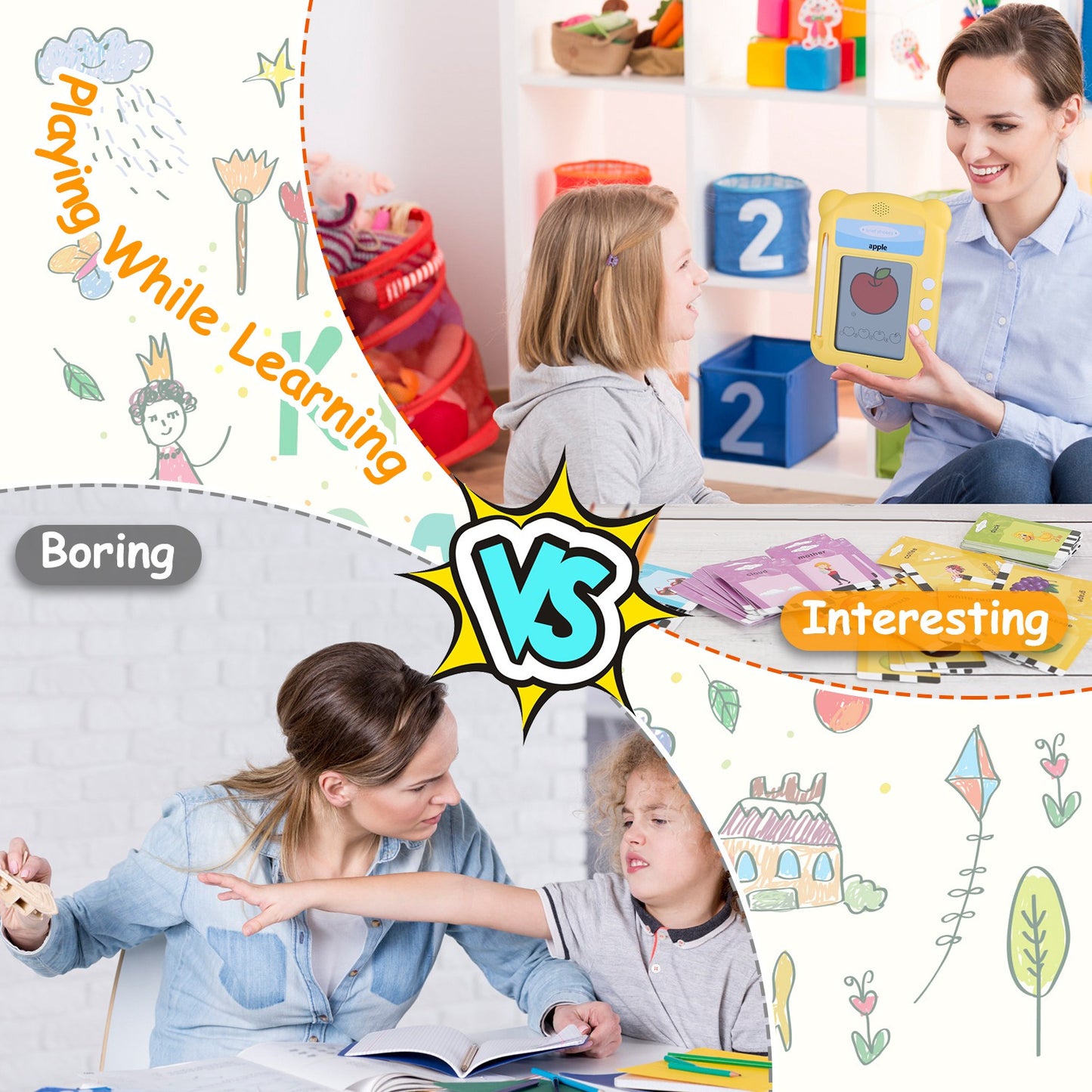 100 Words Talking Flash Cards 5.5In Toddler LCD Writing Tablet with 50 Double-sided Cards Stylus Pen Electronic Cognitive Audio Toddler Reading Machin