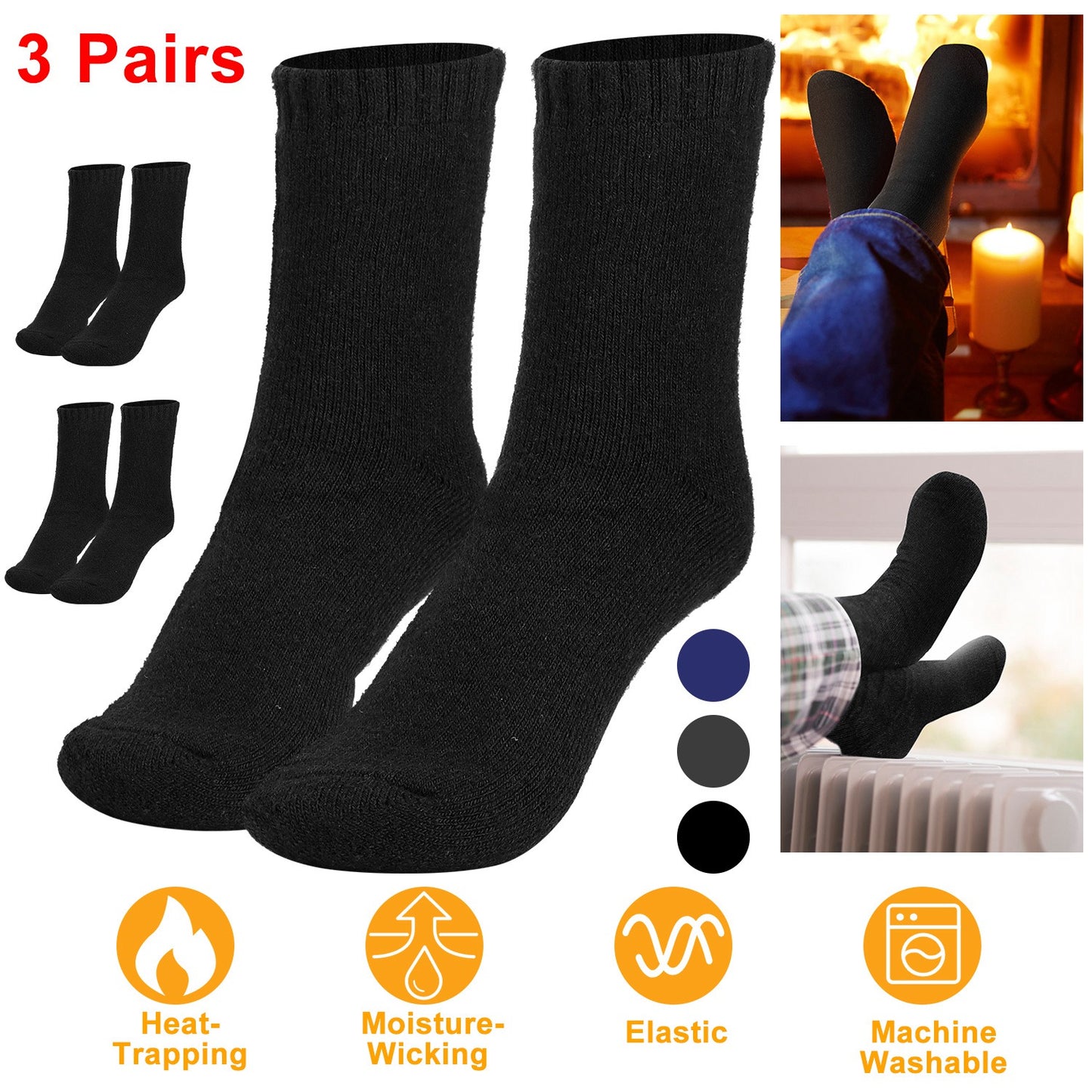 3 Pairs Men Warm Wool Socks Soft Cozy Winter Thermal Socks For Men Thick Heat-Trapping Moisture Wicking Socks Indoor Outdoor