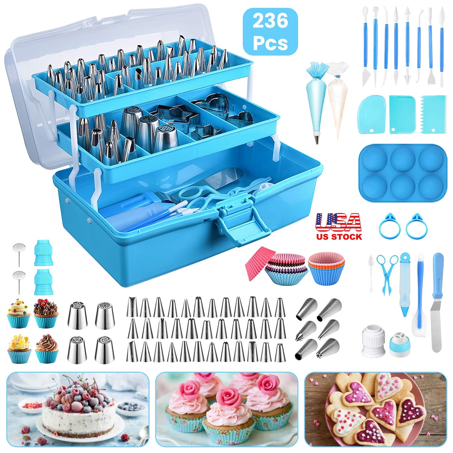 236Pcs Cake Decorating Kit Baking Tools Accessories Cake Decorating Supplies with Piping Tips Couplers and Bags Cookie Cutters Baking Cups Scrapers Fl