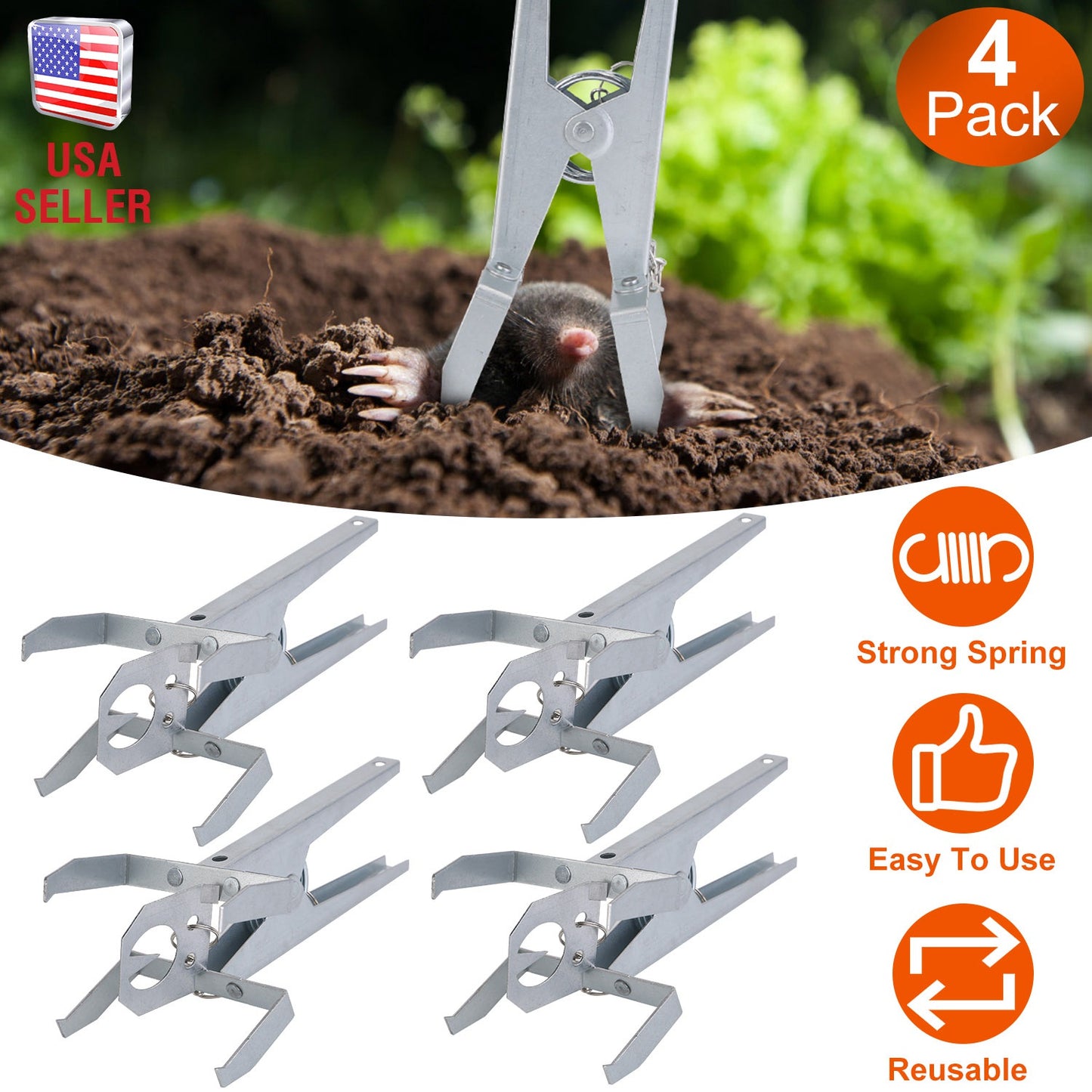 4Pack Reusable Mole Traps with Scissor Jaw Mole Killers Effective Mole Clips for Vegetable Shed Field Garden Yard