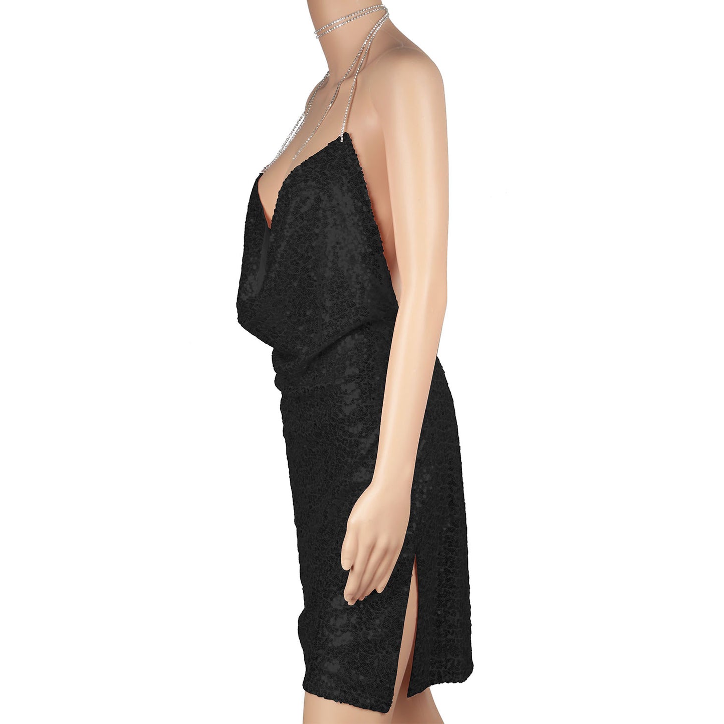 Sexy Women Chained Side Slit Backless Minidress With Sequins