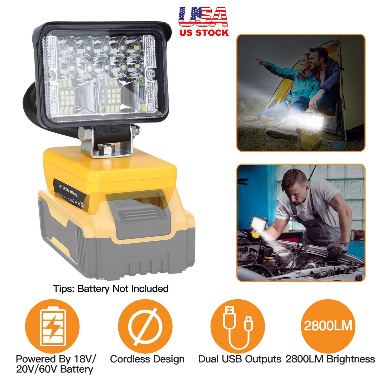 Cordless LED Work Light LED Flood Light for Dewalt 18V 20V 60V Battery 12W 2800LM with Dual USB Charging Port for Workshop Camping Outdoor Emergencies