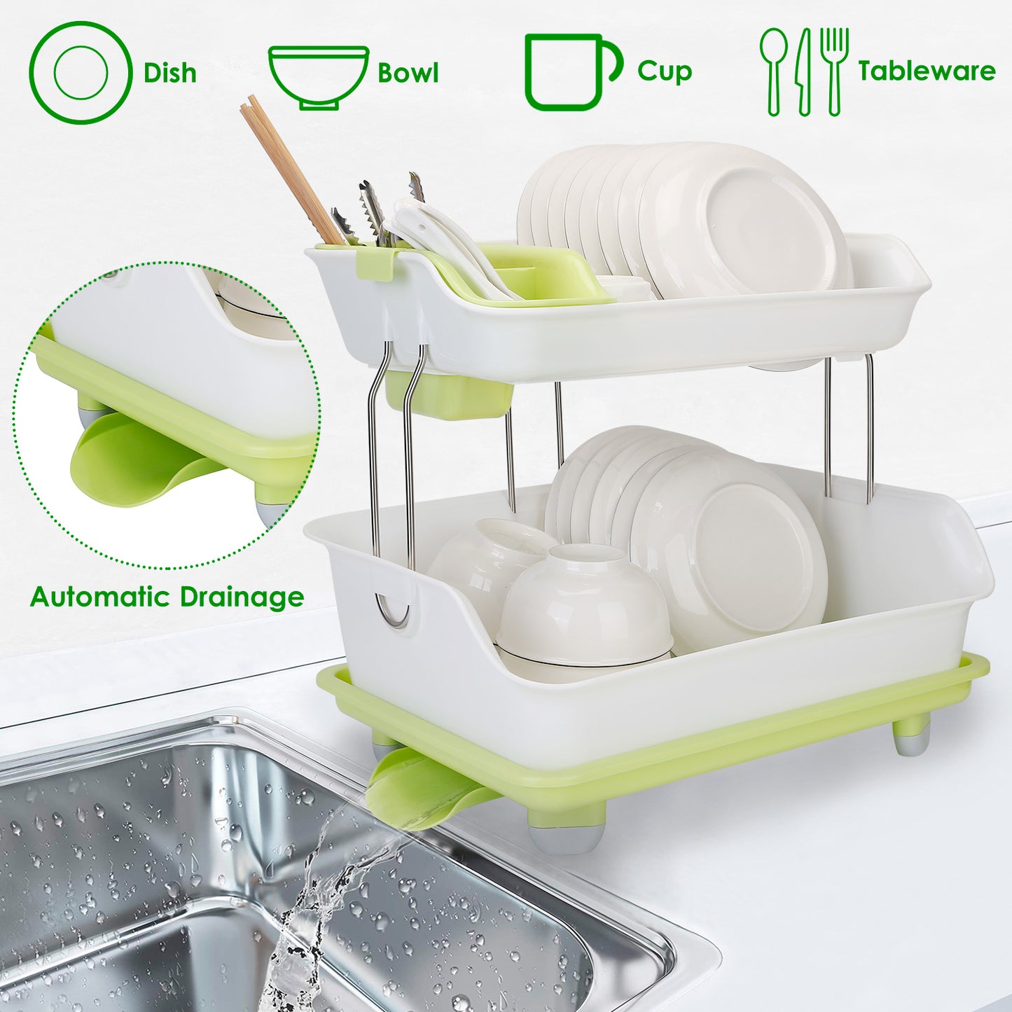 2-Tier Dish Drying Rack Cutlery Drainer Holder Kitchen Organizer Storage Shelf