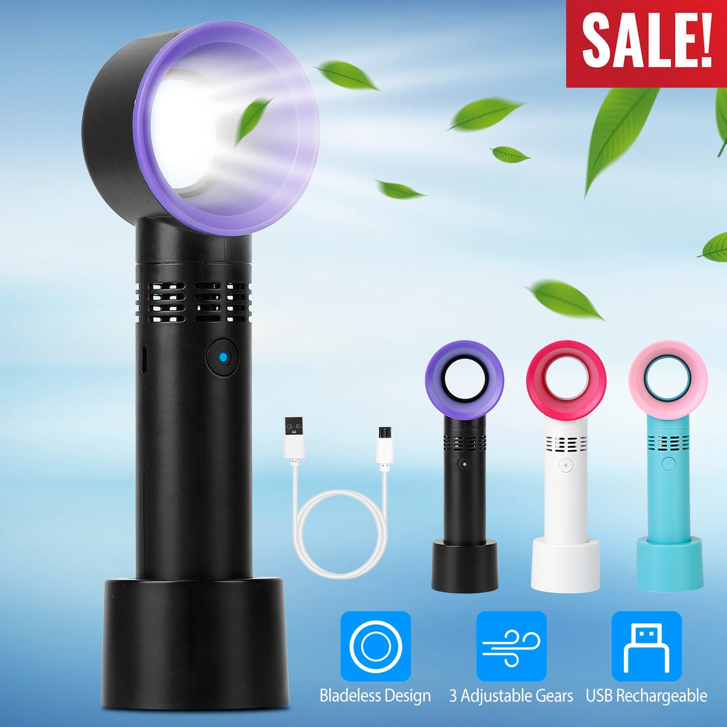 Portable Handheld Bladeless Fan Rechargeable Cooling USB Fan Desktop Use Fan w/ 3 Gears LED Indicator Cooling Fan